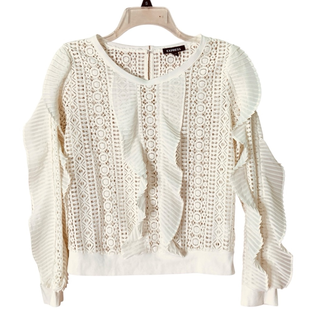 Express‎ Ivory Lace Blouse Sheer Ruffle Chiffon Long Sleeve  (Size S)